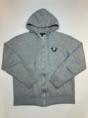 True Religion Men's Classic Logo Zip Up Hoodie Heather Grey Black Horseshoe